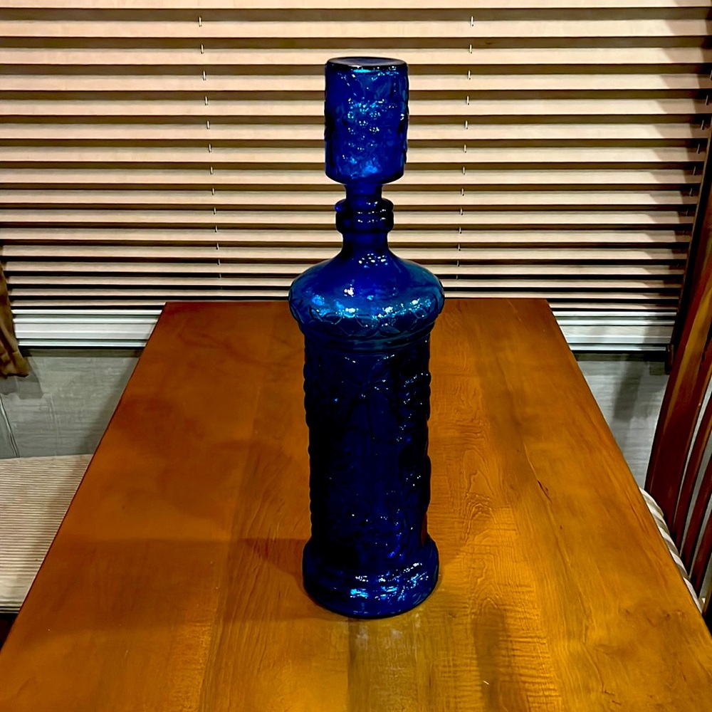 Vintage Blue Glass Empoli Bottle Decanter Italian Art With Fruit Stopper 20”